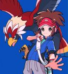  1boy absurdres bag bird blue_background blue_jacket blush bodysuit bodysuit_under_clothes braviary bright_pupils brown_eyes brown_hair closed_mouth commentary_request gari_(pk719679) grey_shorts highres holding holding_poke_ball jacket male_focus nate_(pokemon) poke_ball poke_ball_(basic) poke_ball_print pokemon pokemon_(creature) pokemon_(game) pokemon_bw2 red_headwear short_hair short_sleeves shorts shoulder_bag simple_background smile visor_cap white_pupils 