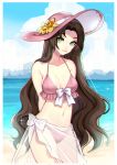  1girl aerith_gainsborough arms_behind_back bangs bare_arms beach bikini bow breasts brown_hair cleavage cloud cloudy_sky final_fantasy final_fantasy_vii final_fantasy_vii_remake flower green_eyes hat hat_flower highres long_hair medium_breasts midriff_peek mochee_bi navel parted_bangs pink_bikini pink_headwear see-through sky solo sparkle sun_hat swimsuit tongue tongue_out upper_body water wavy_hair yellow_flower 