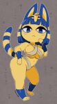  :&lt; animal_crossing ankha_(animal_crossing) anthro black_eyelids blue_hair blush blush_lines bob_cut bulging_breasts digital_media_(artwork) domestic_cat felid feline felis female hair hand_on_cheek hand_on_hip hi_res mammal markings navel nintendo nyxondyx short_stack solo striped_markings striped_tail stripes tail_markings thick_thighs uraeus video_games yellow_body 