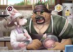  absurd_res anthro bandanna brown_body brown_fur brown_hair cake_batter canid canine canis chuurow cooking domestic_dog duo fur girly hair hi_res kerchief lifewonders male mammal pink_body pink_fur scar size_difference smile tanetomo tokyo_afterschool_summoners video_games yasuyori 