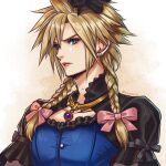  1boy blonde_hair blue_dress blue_eyes blush bow braid cloud_strife crossdressing dress earrings final_fantasy final_fantasy_vii final_fantasy_vii_remake flower gem hair_between_eyes hair_bow hair_flower hair_ornament highres jewelry lipstick lukrevadraws makeup medium_hair official_alternate_costume orange_background puffy_short_sleeves puffy_sleeves short_sleeves single_earring solo spiked_hair sweatdrop twin_braids upper_body 