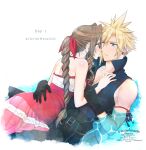  1boy 1girl aerith_gainsborough arm_around_waist arm_ribbon bare_arms bare_shoulders black_gloves black_pants blonde_hair blue_eyes blue_shirt blush braid braided_ponytail breasts cloud_strife couple curly_hair dress earrings final_fantasy final_fantasy_vii final_fantasy_vii_advent_children frilled_dress frills girl_on_top gloves green_eyes hair_ribbon hand_on_another&#039;s_chest high_collar highres holding_another&#039;s_wrist imminent_kiss jewelry kingdom_hearts kingdom_hearts_ii krudears long_hair lying_on_person medium_breasts official_alternate_costume open_collar pants partially_submerged pink_dress ribbon shirt sidelocks single_earring sleeveless sleeveless_shirt spiked_hair upper_body 