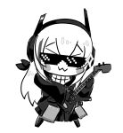  1girl :3 bangs black_jacket blush_stickers chibi chika_(keiin) commentary_request deal_with_it full_body girls&#039;_frontline gloves greyscale guitar hair_between_eyes headgear holding holding_instrument instrument jacket long_hair long_sleeves looking_at_viewer m4_sopmod_ii_jr monochrome multicolored_hair simple_background solo streaked_hair sunglasses white_background 