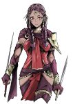  1girl absurdres braid breasts dark_skin dual_wielding earrings facial_mark fire_emblem fire_emblem:_three_houses fire_emblem_warriors:_three_hopes ganbaru_(tkstsukachiku) gloves highres holding jewelry kimoyo_(eihr_ankm) knife long_hair looking_at_viewer medium_breasts petra_macneary purple_hair simple_background solo 