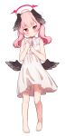  1girl absurdres alternate_costume bangs bare_arms bare_shoulders barefoot black_wings blue_archive blush closed_mouth commentary_request dress eyebrows_visible_through_hair feathered_wings full_body halo hands_up head_tilt head_wings highres koharu_(blue_archive) long_hair looking_at_viewer pink_hair red_eyes setmen simple_background sleeveless sleeveless_dress solo standing twintails wavy_mouth white_background wings 