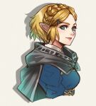  1girl bangs blonde_hair blue_dress blue_eyes braid breasts cape dress grey_cape hair_ornament hairclip highres lips lukrevadraws medium_breasts parted_bangs pointy_ears princess_zelda shadow short_hair sidelocks smile solo the_legend_of_zelda the_legend_of_zelda:_breath_of_the_wild the_legend_of_zelda:_breath_of_the_wild_2 upper_body 