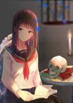  1girl :| absurdres bangs birdcage black_hair blue_sailor_collar blurry blurry_foreground book breasts cage candle chair closed_mouth commentary_request fire highres kayakooooo light long_hair long_sleeves looking_at_viewer neckerchief open_book original purple_eyes red_neckerchief sailor_collar school_uniform serafuku shirt sitting skull small_breasts solo straight_hair table white_shirt 