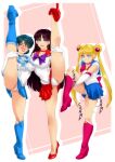  3girls bishoujo_senshi_sailor_moon blonde_hair blue_skirt blush bow highres leg_up magical_girl meme multiple_girls omiiverse panties purple_bow red_footwear sailor_mars sailor_mercury sailor_moon skirt underwear 