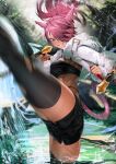  1girl action animal_ears avatar_(ff14) blue_eyes breasts cat_ears cat_tail coat commission dual_wielding english_commentary final_fantasy final_fantasy_xiv fur_collar grey_legwear grin hair_over_one_eye high_kick highres hiiragi_mikoto holding kicking medium_breasts miqo&#039;te motion_blur open_clothes open_coat pink_hair pink_tail second-party_source short_ponytail short_shorts shorts skeb_commission smile solo strapless tail thick_thighs thighhighs thighs tonfa torn_clothes torn_legwear tube_top water weapon white_coat zephyr_winds 