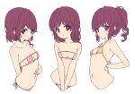  1girl absurdres bikini blush breasts brown_hair closed_mouth eyebrows_visible_through_hair highres looking_at_viewer machikado_mazoku mel_(melty_pot) multiple_views navel open_mouth pink_bikini purple_eyes side-tie_bikini simple_background sketch small_breasts smile sweat swimsuit upper_body white_background yellow_bikini yoshida_ryouko 