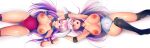  2girls alternate_costume animal_ears bangs blunt_bangs breasts breasts_out choke_hold crescent crescent_hair_ornament crescent_hat_ornament elbow_pads hair_ornament hat_ornament headlock knee_pads large_breasts leotard light_purple_hair long_hair lying multiple_girls necktie nipples niwatori_(eck16614) patchouli_knowledge pink_leotard purple_eyes purple_hair red_eyes red_necktie reisen_udongein_inaba strangling submission_hold touhou touhou_tag_dream very_long_hair white_leotard wrestling wrestling_outfit 