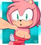  absurd_res amy_rose clothing covering covering_breasts eulipotyphlan female gasp gloves green_eyes hair handwear hedgehog hi_res mammal pink_hair sega selfie softtibbies solo sonic_the_hedgehog_(series) thick_thighs 