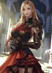  1girl avatar_(ff14) bare_shoulders blonde_hair blurry blurry_background breasts commission cowboy_shot english_commentary final_fantasy final_fantasy_xiv frills gauntlets hair_ornament hairclip highres large_breasts long_hair looking_at_viewer nibelart smile solo yellow_eyes 