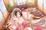 1girl blush bouquet bridal_gauntlets bridal_veil bride brown_hair church church_interior dress green_eyes harada_miyo holding holding_bouquet idolmaster idolmaster_cinderella_girls idolmaster_cinderella_girls_starlight_stage indoors lace-trimmed_dress lace-trimmed_veil lace_trim light_particles light_rays looking_at_viewer official_art short_hair smile solo sparkle stained_glass sunlight tiara veil wooden_bench 