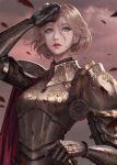  1girl armor blonde_hair blood blood_on_face blue_eyes cape english_commentary falling_leaves gauntlets hand_on_own_head hand_rest highres knight_girl leaf looking_afar nibelart original overcast parted_lips red_cape sheath sheathed short_hair solo upper_body 