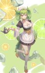  1girl absurdres apron breasts brown_choker choker cleavage dragon_girl dragon_horns dragon_tail dragon_wings duel_monster green_hair green_horns green_sash green_tail green_wings highres horns lace-trimmed_apron lace_trim large_breasts maid_apron maid_headdress parlor_dragonmaid puffy_sleeves sash short_sleeves solo tail teapot tomamo2018 twintails wings wrist_cuffs yellow_eyes yu-gi-oh! 