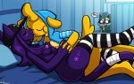  2022 5_fingers anthro anthro_on_anthro bed big_breasts big_butt black_body black_clothing black_footwear black_fur black_hat black_headwear black_inner_ear black_mask black_nose black_socks blue_clothing blue_hoodie blue_topwear blush bottomless breasts butt canid canine canis clothed clothing cuddling domestic_cat domestic_dog dumpling_(tricktrashing) duo_focus embrace eyes_closed face_mask facial_markings felid feline felino felis female female/female female_on_bottom female_on_top fingers footwear french_kissing fur furgonomics furniture green_clothing green_hat green_headwear green_jacket green_topwear green_vest grey_body grey_fur grey_hair grey_nipples group hair hat head_markings headgear headwear hi_res hoodie interlocked_fingers interspecies jacket jacket_vest japanese_text kissing legwear lying male mammal markings mask_(marking) medium_breasts mostly_nude nipples on_bed on_bottom on_side on_top open_clothing open_hoodie open_mouth open_topwear orange_body orange_fur orange_hair pattern_clothing pattern_footwear pattern_legwear pattern_socks pillow procyonid purple_body purple_fur purple_hair raccoon shirtless socks speech_bubble stardust_(tricktrashing) striped_clothing striped_footwear striped_socks stripes tail_wraps tan_body tan_fur text text_on_clothing text_on_hat text_on_headwear thick_thighs thigh_highs thigh_socks tongue tongue_out topwear trick_(tricktrashing) trio vest voyeur white_clothing white_footwear white_socks wraps zipper 