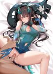  1boy 1girl arknights bangs bar_censor bare_shoulders black_hair blue_dress blush breasts censored china_dress chinese_clothes dragon_girl dragon_horns dress dusk_(arknights) green_hair hetero highres holding_another&#039;s_wrist horns large_breasts looking_at_viewer multicolored_hair navel parted_lips penis pointy_ears ru_zhai sex solo_focus spread_legs streaked_hair thighs torn_clothes torn_dress vaginal 