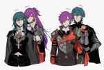  2boys 2girls arm_guards armor byleth_(fire_emblem) byleth_(fire_emblem)_(female) byleth_(fire_emblem)_(male) cape_grab capelet dual_persona fire_emblem fire_emblem:_three_houses fire_emblem_warriors:_three_hopes green_hair hair_bun hair_over_one_eye hand_on_another&#039;s_face hand_on_another&#039;s_neck highres long_hair midriff multiple_boys multiple_girls navel oratoza purple_hair shez_(fire_emblem) shez_(fire_emblem)_(female) shez_(fire_emblem)_(male) short_hair shoulder_armor simple_background size_comparison 