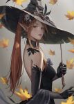  1girl autumn autumn_leaves black_dress black_gloves breasts brown_eyes brown_hair choker dress elf english_commentary from_side gloves grey_background hair_ornament hat highres looking_at_viewer looking_to_the_side medium_breasts nibelart original pointy_ears ponytail signature solo upper_body wand witch witch_hat 