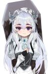 1girl bangs black_hairband bridal_gauntlets butterfly_hair_ornament chaika_trabant closed_mouth dokomon dress eyebrows_visible_through_hair frilled_hairband frills grey_hair hair_between_eyes hair_ornament hairband hand_up hitsugi_no_chaika juliet_sleeves long_hair long_sleeves puffy_sleeves purple_eyes simple_background smile solo thick_eyebrows upper_body very_long_hair white_background white_dress 
