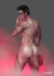  1boy absurdres aliast669 artist_name ass back bara black_hair dead_by_daylight dwight_fairfield facial_hair first_aid_kit glasses highres holding looking_back male_focus muscular muscular_male nude parted_lips short_hair solo thick_thighs thighs 