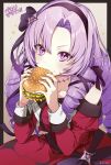  +_+ 1girl bangs bare_shoulders border breasts burger commentary dress drill_hair eating food gradient gradient_background headband highres holding holding_food hyakumantenbara_salome light_purple_hair long_hair long_sleeves medium_breasts nijisanji off-shoulder_dress off_shoulder parted_bangs purple_eyes purple_headband red_dress signature simple_background solo sparkle translation_request upper_body virtual_youtuber yellow_background yomo_(rb_crr) 
