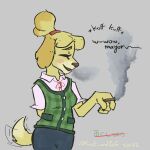  2022 absurd_res accessory animal_crossing anthro blush breasts canid canine canis clothed clothing coughing digital_media_(artwork) domestic_dog drugs english_text female fur hair hi_res isabelle_(animal_crossing) lost_andsafe mammal marijuana nintendo open_mouth redraw ribbons shih_tzu simple_background smoking smoking_weed solo tail_motion tailwag text topwear toy_dog video_games yellow_body yellow_fur 