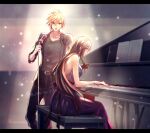  1boy 1girl backless_dress backless_outfit bare_shoulders belt black_hair black_jacket blonde_hair blue_dress blue_eyes breasts cloud_strife collarbone dress final_fantasy final_fantasy_vii final_fantasy_vii_remake holding holding_microphone_stand instrument jacket large_breasts long_hair microphone_stand minato_(ct_777) music open_mouth pants playing_instrument playing_piano red_eyes shirt sitting sleeveless sleeveless_dress spiked_hair tifa_lockhart twitter_username 