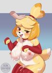  2022 4_fingers accessory animal_crossing anthro armwear big_breasts blush bodily_fluids breasts brown_eyes clothed clothing collar cum cum_in_hair cum_in_mouth cum_inside cum_on_body cum_on_breasts cum_on_chest cum_on_face dated digital_media_(artwork) disembodied_hand elbow_gloves eyelashes female fingerless_gloves fingers fur genital_fluids gloves hair hair_accessory hand_on_head handwear hi_res huge_breasts isabelle_(animal_crossing) legwear looking_at_viewer mammal mostly_nude navel nintendo nipples open_mouth pilitan simple_background smile stockings sukk-madikk tail_motion tailwag thigh_highs tongue tongue_out topless video_games 