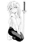  1other androgynous barefoot blush closed_mouth full_body funnyari greyscale long_hair looking_at_viewer monochrome rimuru_tempest simple_background smile solo sword tensei_shitara_slime_datta_ken weapon white_background 
