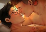  2boys artist_name black_hair closed_eyes couple david_king_(dead_by_daylight) dead_by_daylight dessa_nya dwight_fairfield glasses hand_on_another&#039;s_chest highres incoming_kiss looking_at_another male_focus multiple_boys neck_tattoo nipples parted_lips pectorals scar scar_on_face scar_on_nose short_hair tattoo topless_male undercut yaoi 