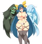  1girl alternate_breast_size angel_wings asymmetrical_wings bare_shoulders black_legwear blue_hair blush breasts cleavage collarbone dizzy_(guilty_gear) guilty_gear hair_between_eyes hair_ornament hair_ribbon hair_rings holding_own_arm huge_breasts mature_female monster_girl navel necro_(guilty_gear) open_mouth panties plump red_eyes ribbon rtil simple_background skindentation solo stomach tail thick_thighs thigh_gap thigh_strap thighhighs thighs twintails underwear undine_(guilty_gear) white_background wide_hips wings yellow_ribbon 