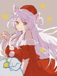  1girl animal_ears bag bakeneko bare_shoulders black_hanekawa breasts cat_ears cat_girl christmas closed_mouth commentary_request fang fang_out gift_bag hanekawa_tsubasa hat highres large_breasts long_hair looking_at_viewer monogatari_(series) paw_pose santa_costume santa_hat solo star_(symbol) valhalla0707 very_long_hair yellow_eyes 