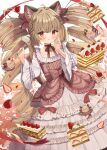 1girl :t ahoge animal_ear_fluff animal_ears bangs blunt_bangs blush cake cat_ears commentary dress drill_hair food fork fruit goma_(u_p) hand_on_own_cheek hand_on_own_face hands_up highres holding holding_fork layered_dress light_brown_hair long_sleeves looking_at_viewer original red_dress red_eyes sidelocks simple_background strawberry twin_drills twintails upper_body white_background white_dress 