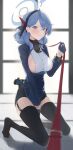  1girl absurdres ako_(blue_archive) bangs bell between_legs black_hairband black_legwear blue_archive blue_coat blue_eyes blue_gloves blue_hair blush breasts coat collar garter_straps gloves hair_between_eyes hairband half_gloves halo hand_between_legs highres holstered_weapon indoors kneeling korean_commentary large_breasts leash long_sleeves looking_at_viewer medium_hair neck_bell no_shoes on_floor sideboob so_shio solo thighhighs thighs viewer_holding_leash 