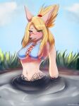 2018 anthro blonde_hair blue_clothing blue_topwear blush breasts canid canine cleavage clothed clothing cloud cyberconnect2 digital_media_(artwork) eyewear female glasses grass green_eyes hair hi_res little_tail_bronx long_hair mammal merveille_million mud navel open_mouth outside plant shaded sinking sky solatorobo solo topwear video_games zetsuboucchi 