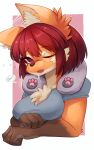  2022 4_fingers absurd_res anthro bodily_fluids breasts brown_body brown_fur brown_hair brown_nose bust_portrait canid canine chest_tuft clothed clothing cute_fangs dialogue drooling english_text female fingers fur gloves_(marking) hair hi_res kemono mammal maned_wolf markings neck_pillow one_eye_closed open_mouth orange_body orange_fur pillow portrait red_eyes saliva shirt short_hair signature solo speech_bubble text tired tongue topwear tuft waking_up white_body white_fur yellowparrottw 