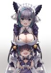  &gt;_&lt; 2girls :d animal_ears aqua_hair as4gi azur_lane bell blue_eyes bow breast_rest breasts breasts_on_head cheshire_(azur_lane) cleavage detached_sleeves eyebrows_visible_through_hair fake_animal_ears frilled_hairband frilled_ribbon frills hair_bell hair_ornament hairband highres large_breasts little_cheshire_(azur_lane) long_ribbon maid_headdress mother_and_daughter multicolored_hair multiple_girls open_mouth puffy_detached_sleeves puffy_sleeves purple_apron purple_bow purple_hair ribbon simple_background smile streaked_hair two-tone_hair white_background wrist_cuffs xd 