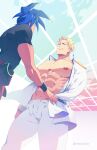  2boys abs bara black_jacket black_shirt blonde_hair blue_hair closed_mouth galo_thymos high_collar highres jacket kray_foresight large_pectorals looking_at_another male_focus multiple_boys muscular muscular_male navel nipples one_eye_closed open_clothes open_jacket pants pectorals promare shirt short_hair tsaosu0607 twitter_username white_pants wristband 