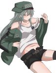  1girl :o absurdres belt black_belt black_legwear black_shorts blush brown_eyes collarbone eyes_visible_through_hair g11_(girls&#039;_frontline) girls&#039;_frontline green_headwear green_jacket grey_hair hat highres jacket long_hair mesuosushi_psd off_shoulder open_clothes open_shorts shorts simple_background solo tank_top white_tank_top 