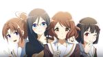  4girls bangs black_hair black_shirt blue_eyes blush bow brown_eyes brown_hair brown_shirt closed_mouth gekijouban_hibike!_euphonium glasses hair_bow hand_in_another&#039;s_hair hand_up hands_up hibike!_euphonium highres hisaishi_kanade kitauji_high_school_uniform long_hair long_sleeves looking_at_viewer multiple_girls myano nakagawa_natsuki one_eye_closed oumae_kumiko ponytail pout purple_eyes red-framed_eyewear red_bow red_eyes sailor_collar school_uniform serafuku shirt short_hair short_sleeves simple_background smile tanaka_asuka v white_background white_sailor_collar 