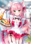  1girl :&lt; animal_ear_fluff animal_ears arm_behind_back bangs bendy_straw blurry blurry_background blush bow breasts brown_bow closed_mouth cup depth_of_field dress drink drinking_glass drinking_straw eyebrows_visible_through_hair food garter_belt gingham green_eyes groin heart highres holding holding_tray ice ice_cube indoors irori long_hair medium_breasts omurice original pink_hair plate puffy_short_sleeves puffy_sleeves red_dress short_sleeves solo tail thighhighs tray two_side_up v-shaped_eyebrows very_long_hair white_legwear 