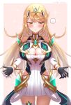  1girl absurdres bangs bare_legs bare_shoulders blonde_hair blush breasts chest_jewel cleavage cleavage_cutout clothing_cutout dress earrings elbow_gloves embarrassed flustered gem gloves headpiece highres incoming_hug jewelry large_breasts long_hair mythra_(xenoblade) pov short_dress shy simple_background solo speech_bubble swept_bangs taro_(peach_taro51) thigh_strap tiara very_long_hair white_dress white_gloves xenoblade_chronicles_(series) xenoblade_chronicles_2 yellow_eyes 