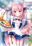  1girl :&lt; animal_ear_fluff animal_ears arm_behind_back bangs bendy_straw blue_dress blurry blurry_background blush bow breasts brown_bow closed_mouth commentary_request cup depth_of_field dress drink drinking_glass drinking_straw eyebrows_visible_through_hair food garter_belt gingham green_eyes groin heart highres holding holding_tray ice ice_cube indoors irori long_hair medium_breasts omurice original pink_hair plate puffy_short_sleeves puffy_sleeves short_sleeves solo tail thighhighs tray two_side_up v-shaped_eyebrows very_long_hair white_legwear 