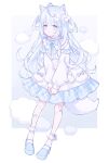  1girl absurdres animal_ears blue_eyes blue_theme bow cloud dress eyebrows_visible_through_hair eyes_visible_through_hair frilled_dress frilled_legwear frills full_body highres light_blue_hair long_sleeves mary_janes open_mouth original purple_bow purple_ribbon ribbon shoes socks solo tail ting_(tingiiio) two_side_up white_dress 