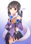  1girl bangs black_hair blush breasts brown_eyes fate/kaleid_liner_prisma_illya fate_(series) feather_hair_ornament feathers hair_ornament hairclip highres kachin long_hair looking_at_viewer magical_sapphire miyu_edelfelt small_breasts solo twintails wand 