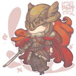  1girl artist_name blush breasts brown_skirt cape chibi covered_eyes dated elden_ring expressionless helmet highres holding holding_sword holding_weapon jr4rt malenia_blade_of_miquella open_hand red_cape red_hair skirt small_breasts solo sword weapon 