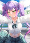  1girl :q absurdres aogami_high_school_uniform bow bowtie breasts collarbone earrings fence green_eyes highres hololive hololive_error jewelry licking_lips long_hair looking_at_viewer medium_breasts midriff multicolored_hair navel navel_piercing piercing pink_hair pointy_ears pov purple_hair school_uniform shirt solo_focus streaked_hair tied_shirt tobiiiiiii tokoyami_towa tongue tongue_out twintails two-tone_hair virtual_youtuber 