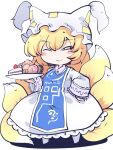  1girl animal_ears blonde_hair blush_stickers closed_mouth commission dress eyebrows_visible_through_hair fox_ears fox_tail fried_rice0614 hair_between_eyes hat highres long_sleeves multiple_tails one_eye_closed pillow_hat short_hair skeb_commission smile solo tabard tail touhou white_dress white_headwear wide_sleeves yakumo_ran yellow_eyes 